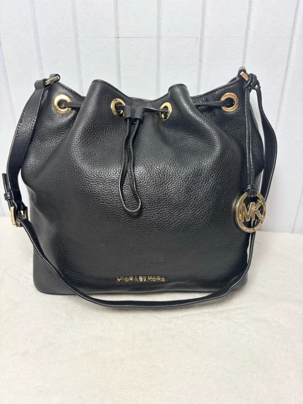 Michael Kors  Black‎ Pebbled Leather Drawstring Hobo with Gold Hardware